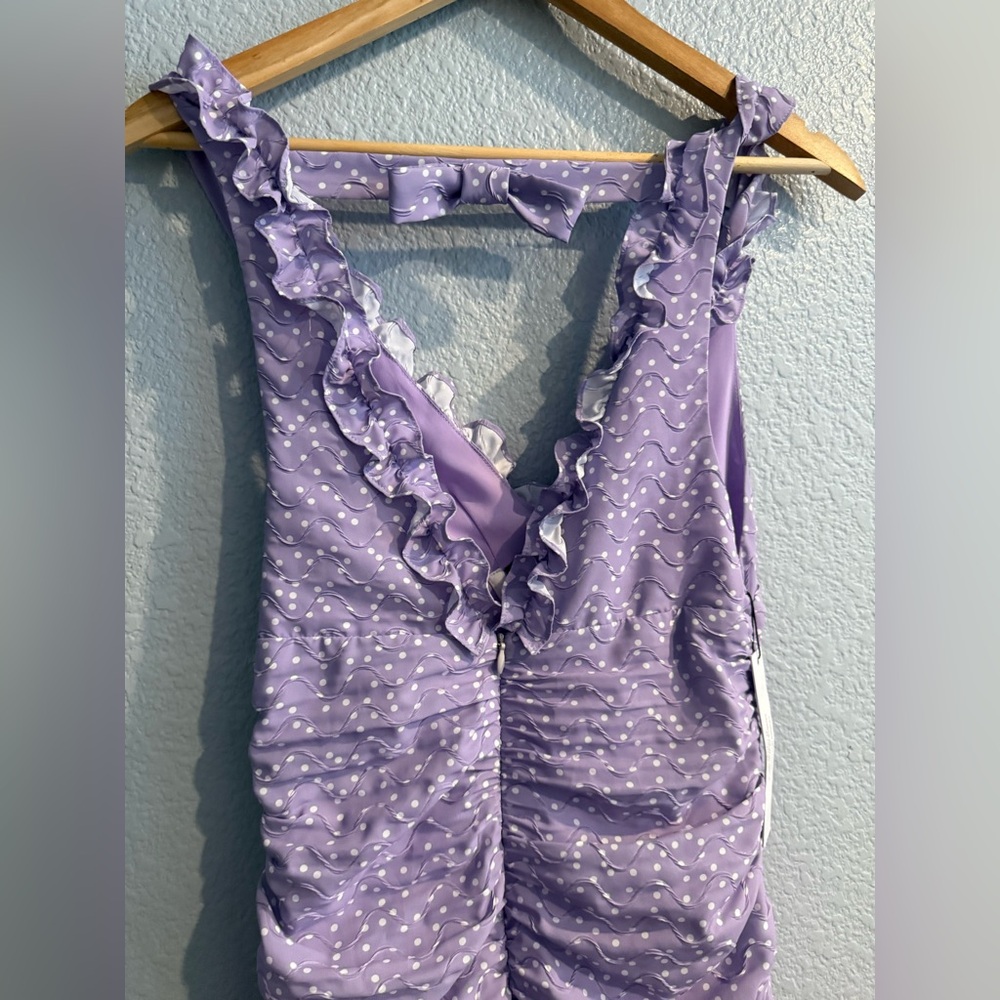 For Love And Lemons Chelsea  Purple Polka dot Ruched Mini Dress Sz 2 - Picture 10 of 14